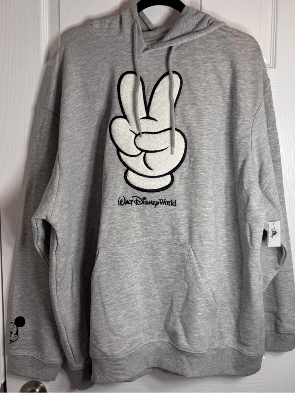 NWT Disney Parks Mickey Mouse Peace Sign Glove Hoodie Heather Gray XXL